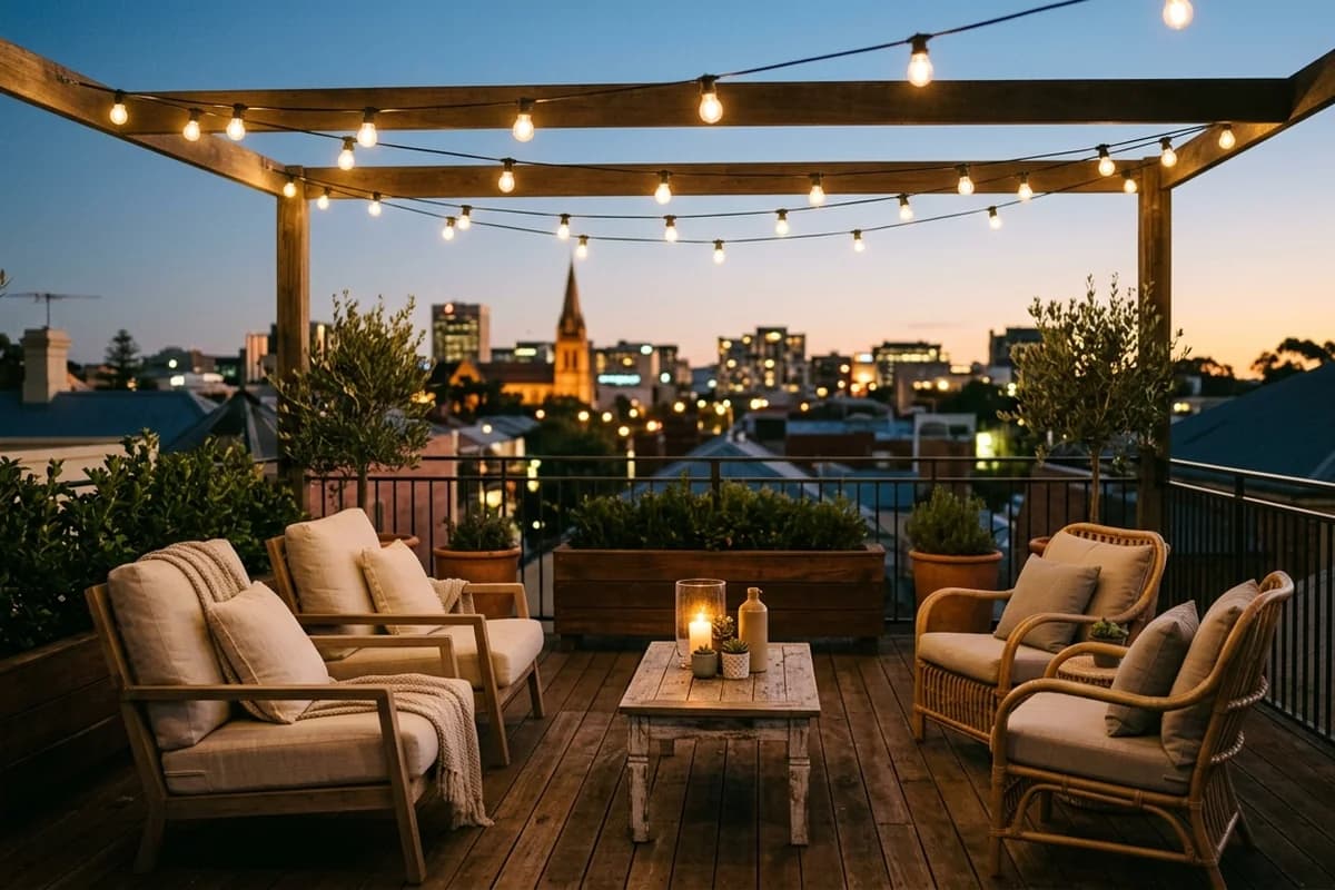 Adelaide city rooftop terrace at twilight