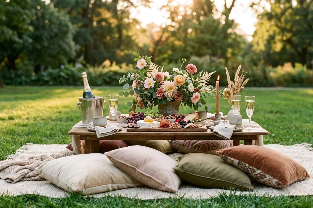 A styled luxury picnic for two with florals and champagne
