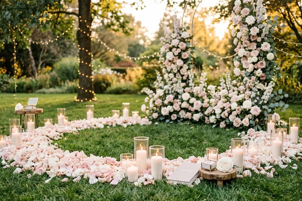 A styled proposal setup with florals and candles